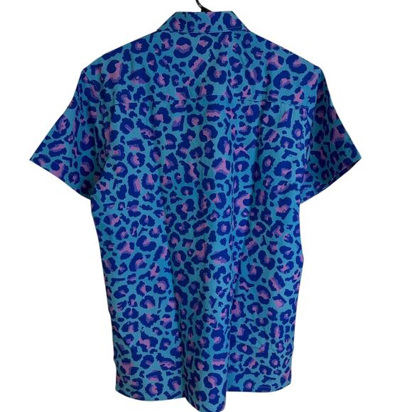 Retro Rifle Shirt Mens Medium Blue Leopard Short Sleeve Button Up Stretch NWT - Picture 2 of 14